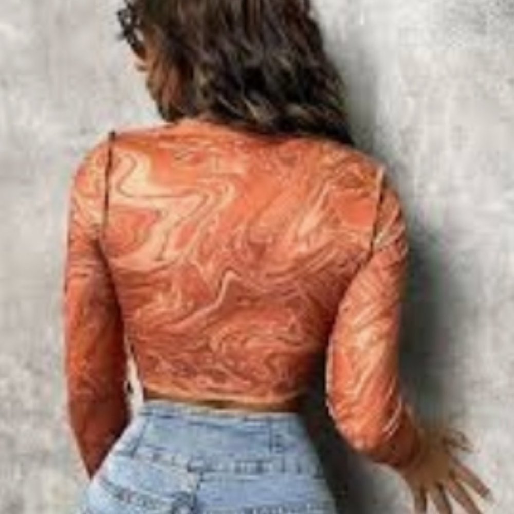 Orange Marbled Cinch Front Top Cropped - Picture 10 of 12